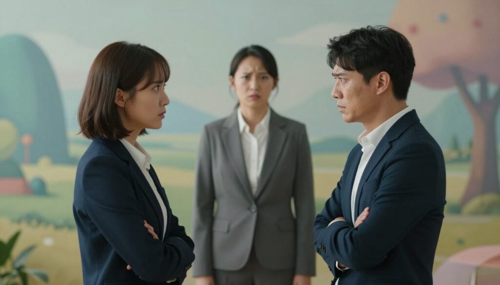 A tense and dramatic scene depicting a conflict among a small group of people in a dreamlike setting. In the foreground, two individuals are engaged in a fierce yet not overly aggressive argument, their expressions showing frustration and intense emotion. They are dressed in professional business attire, maintaining a respectful appearance despite the conflict. In the middle ground, a neutral third party stands between them, portraying uncertainty and concern. The background features a dreamy landscape with soft, blurred outlines of abstract shapes and colors to evoke a surreal dream world. The lighting is soft and diffused, casting gentle shadows that enhance the emotional atmosphere, creating a sense of introspection and contemplation about personal relationships and conflicts. The overall mood is one of tension and reflection.
