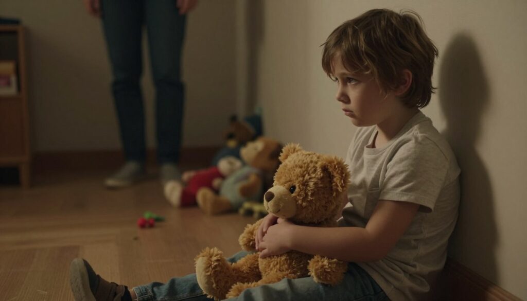 A tense and emotional scene depicting a child sitting on the floor, looking contemplative while holding a teddy bear, symbolizing innocence. The child has simple, modest clothing, and their expression reflects a blend of confusion and vulnerability. In the foreground, emphasize the teddy bear as a source of comfort amidst turmoil. In the middle ground, show a softly lit room with scattered toys, dimly lit to evoke a sense of melancholy and introspection. The background features shadows of adult figures, slightly blurred, representing strained relationships and conflict. Use warm, diffused lighting to create an atmosphere of tension yet safe space, reminiscent of childhood dreams. The angle should capture the child's perspective, lending depth and intimacy to the scene. A tense and emotional scene depicting a child sitting on the floor, looking contemplative while holding a teddy bear, symbolizing innocence. The child has simple, modest clothing, and their expression reflects a blend of confusion and vulnerability. In the foreground, emphasize the teddy bear as a source of comfort amidst turmoil. In the middle ground, show a softly lit room with scattered toys, dimly lit to evoke a sense of melancholy and introspection. The background features shadows of adult figures, slightly blurred, representing strained relationships and conflict. Use warm, diffused lighting to create an atmosphere of tension yet safe space, reminiscent of childhood dreams. The angle should capture the child's perspective, lending depth and intimacy to the scene.