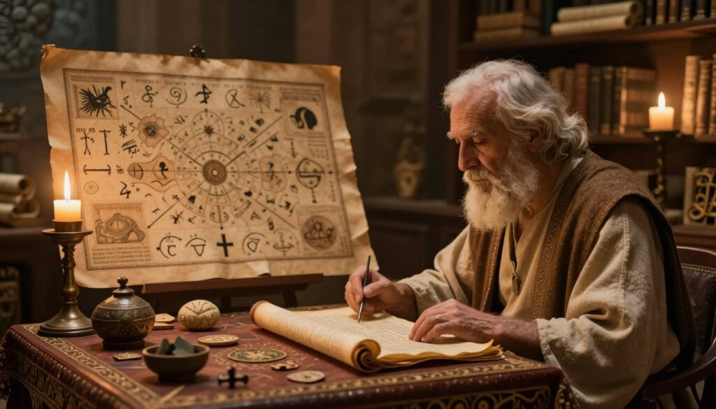 A thoughtful and serene scene capturing the essence of dream interpretation according to the Babylonian dream dictionary. In the foreground, a wise, elderly scholar, dressed in modest, traditional attire, studies ancient scrolls on a richly decorated table filled with symbols and artifacts related to dreams. In the middle ground, an intricate map of symbols and images associated with dreams is displayed, illuminated by soft, warm candlelight creating a mystical atmosphere. The background features an ancient library filled with shelves of scrolls and books, subtly highlighted by dim lanterns. The overall mood should evoke curiosity and reverence for the wisdom of ancient cultures, suggesting a deep connection between dreams and their meanings. The image should capture rich textures and colors, emphasizing the historical depth of dream interpretation.