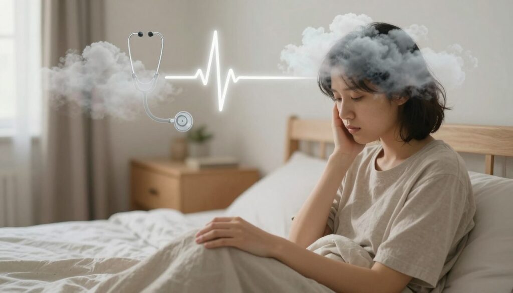 A thoughtful and symbolic image representing a dream of illness, focused on a person in a serene, reflective state. In the foreground, a figure sits on a bed surrounded by soft, natural light, wearing modest, comfortable clothing. Their expression is contemplative, conveying a sense of introspection and vulnerability. In the middle ground, dream-like elements merge: fading outlines of medical symbols, like a stethoscope and a heartbeat line, subtly intertwine with ethereal clouds, suggesting the link between dreams and health warnings. The background features a softly blurred room, cozy and inviting, illuminated by warm, gentle tones. The overall mood evokes a sense of unease blended with hope, emphasizing the theme of transformation and subconscious signals. The angle captures the figure slightly from the side, allowing for an intimate glimpse into their emotional world.
