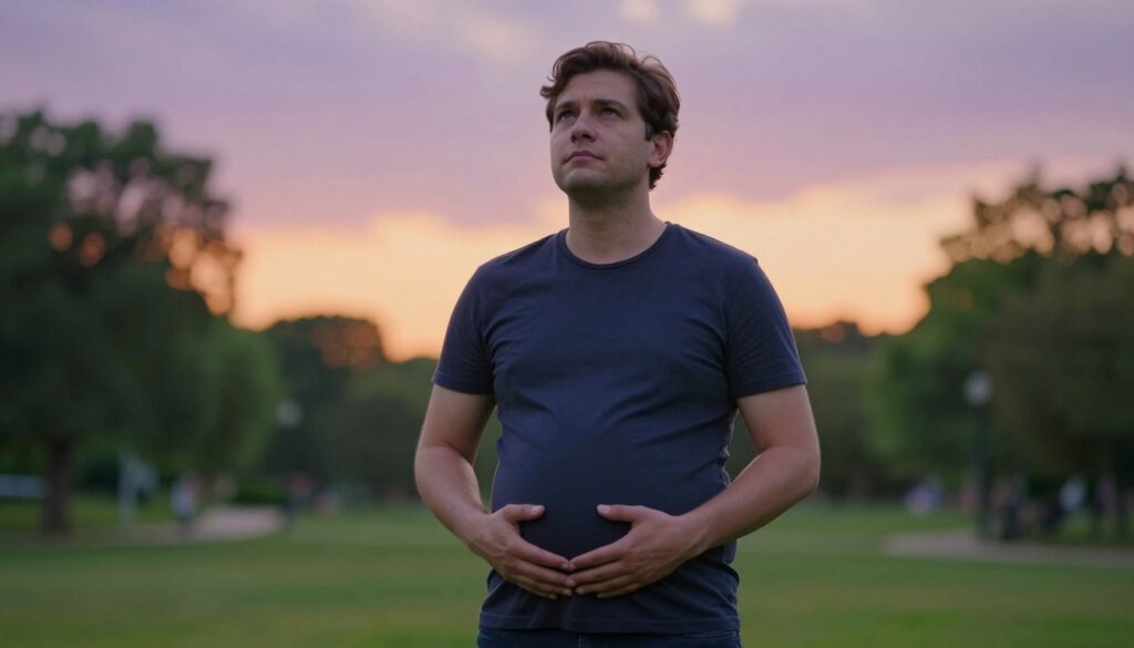 A thoughtful man in smart casual attire stands centered in the foreground, gently cradling his rounded belly, symbolizing an unexpected journey of transformation. His expression is a mix of contemplation and hope, reflecting a deep sense of inner growth. Soft, warm natural light illuminates his features, casting a gentle glow that enhances the emotional atmosphere. In the middle ground, a soft-focused, lush green park can be seen, representing the nurturing aspect of personal change. The background features a serene sunset sky, blending pastel shades of orange and purple, symbolizing new beginnings. The overall mood is one of introspection and gentle strength, evoking a sense of unity with oneself and the world around.