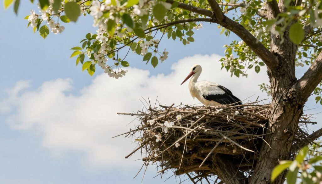 A tranquil scene depicting a stork nestled in its cozy nest atop a tall, sturdy tree branch. In the foreground, the stork is elegantly poised, showcasing its distinctive white body and striking black wing feathers, a symbol of new beginnings and family. In the middle ground, lush green leaves and delicate blossoms frame the nest, enhancing the feeling of spring and renewal. The background is a bright blue sky with fluffy white clouds, suggesting a perfect day filled with hope and positive change. Soft, warm sunlight filters through the leaves, casting gentle shadows and creating a serene atmosphere. The composition captures the essence of transformation, family ties, and the promise of good news. No text or watermarks present.