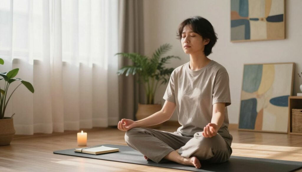 A tranquil scene illustrating a person meditating in a serene room, surrounded by soft natural light filtering through sheer curtains. In the foreground, the individual, a young adult wearing comfortable yet professional attire, sits cross-legged on a plush mat, with a peaceful expression, symbolizing introspection and emotional healing. In the middle ground, there are elements of a calming environment—gentle plants, a flickering candle, and a notebook for journaling thoughts. The background features abstract paintings that evoke feelings of nostalgia and emotional depth. The overall mood is tranquil and contemplative, with warm lighting that enhances a sense of safety and reflection, inviting viewers to engage with their emotions and memories. The image captures the essence of practical techniques for coping with unresolved feelings.