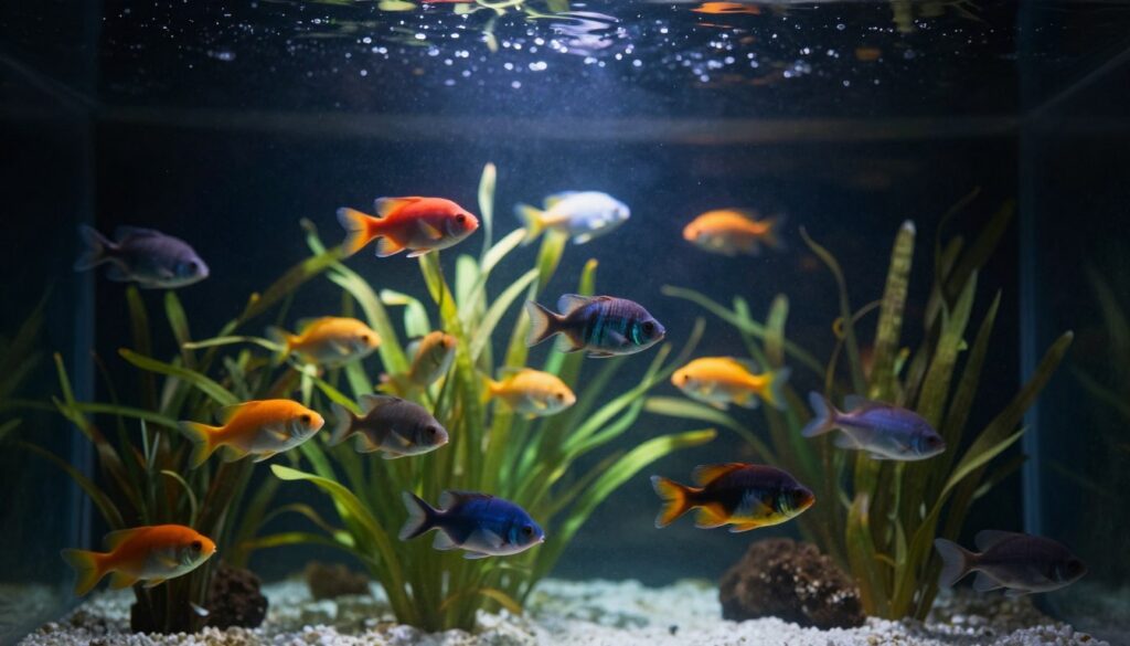 A tranquil underwater scene featuring a serene aquarium filled with various colorful fish gracefully swimming among vibrant aquatic plants. In the foreground, soft light filters through the water, illuminating the fish and creating an ethereal glow. The middle ground showcases a gentle current that causes the plants to sway, enhancing the sense of fluid motion. In the background, soft shadows hint at the depth of the aquarium, evoking a sense of mystery and introspection. The overall mood is calming and reflective, inviting viewers to explore their emotions and thoughts associated with water as a powerful element in dreams. The composition should be captured with a slightly wide angle, accentuating the feeling of being immersed in this underwater world, with subtle details that invite contemplation.