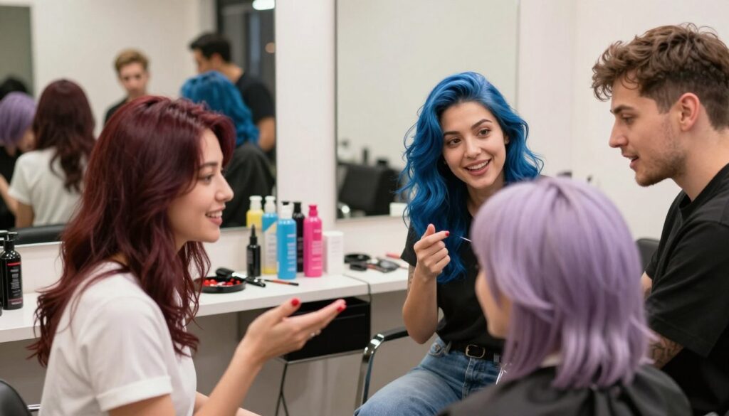 A vibrant, artistic interpretation of the influence of hair dyeing on personal relationships. In the foreground, a diverse group of three individuals—two women and one man—are engaged in a lively discussion about their hair colors, showcasing various shades such as deep auburn, electric blue, and soft lavender. Their expressions are animated and joyful, reflecting personal transformation. In the middle, a salon setting with hairdressing tools and colorful hair products creates a dynamic atmosphere, suggesting creativity and change. The background features a large mirror reflecting the varied hair colors and the bustling vibe of the salon. Soft, warm lighting enhances the inviting ambiance, while a shallow depth of field focuses on the characters, making the setting feel intimate and personal. A vibrant, artistic interpretation of the influence of hair dyeing on personal relationships. In the foreground, a diverse group of three individuals—two women and one man—are engaged in a lively discussion about their hair colors, showcasing various shades such as deep auburn, electric blue, and soft lavender. Their expressions are animated and joyful, reflecting personal transformation. In the middle, a salon setting with hairdressing tools and colorful hair products creates a dynamic atmosphere, suggesting creativity and change. The background features a large mirror reflecting the varied hair colors and the bustling vibe of the salon. Soft, warm lighting enhances the inviting ambiance, while a shallow depth of field focuses on the characters, making the setting feel intimate and personal.