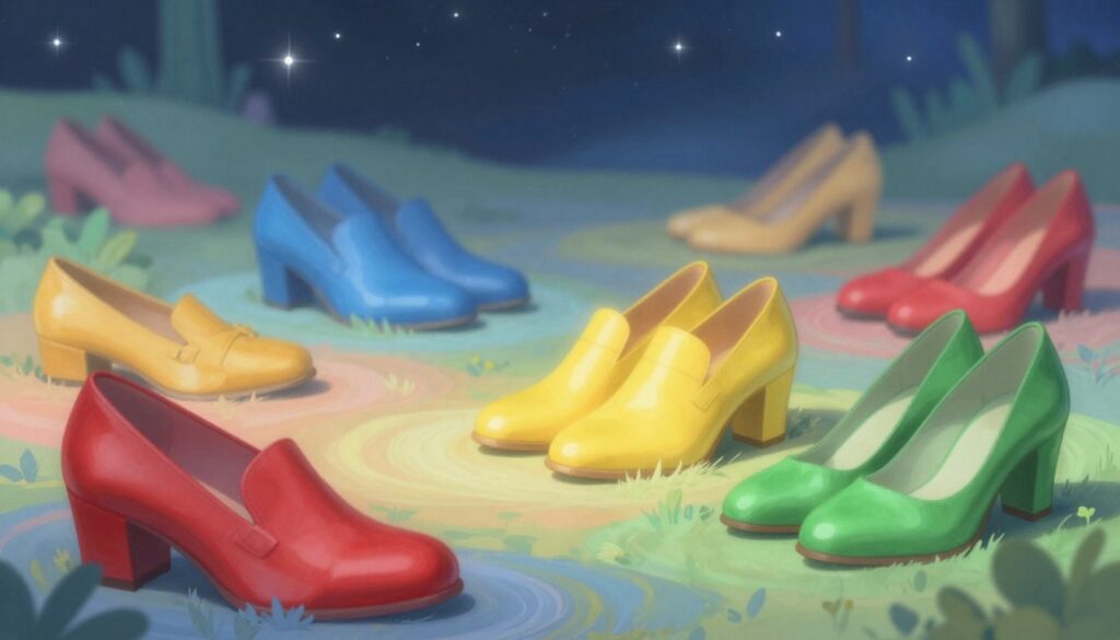 A vibrant, artistic representation of shoe colors reflecting their meanings in dreams, showcasing a variety of footwear in rich, symbolic hues. In the foreground, an array of shoes in bright red, calming blue, cheerful yellow, and serene green are artistically placed. The middle ground features a soft, dreamy landscape, with gentle swirls of color that symbolize the emotional significance of each hue. In the background, a blurred out abstract representation of a night sky, filled with stars, creating a mystical ambiance. The lighting is soft and ethereal, illuminating the shoes while casting gentle shadows. This image should evoke a sense of contemplation and exploration, inviting viewers to delve into the meanings behind the colors and their impact on the subconscious. A vibrant, artistic representation of shoe colors reflecting their meanings in dreams, showcasing a variety of footwear in rich, symbolic hues. In the foreground, an array of shoes in bright red, calming blue, cheerful yellow, and serene green are artistically placed. The middle ground features a soft, dreamy landscape, with gentle swirls of color that symbolize the emotional significance of each hue. In the background, a blurred out abstract representation of a night sky, filled with stars, creating a mystical ambiance. The lighting is soft and ethereal, illuminating the shoes while casting gentle shadows. This image should evoke a sense of contemplation and exploration, inviting viewers to delve into the meanings behind the colors and their impact on the subconscious.