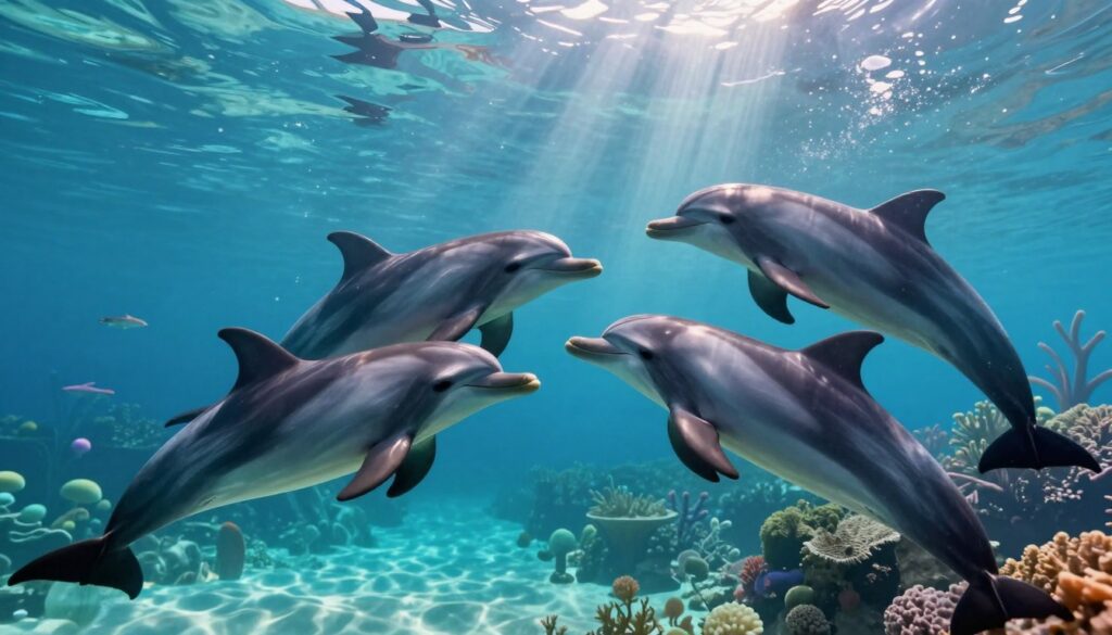 A vibrant underwater scene capturing the essence of social relationships among dolphins in a dream world. In the foreground, several dolphins are swimming playfully, their bodies glistening with sunlight filtering through the water. In the middle, a serene group of dolphins is interacting, showcasing their emotional harmony through gentle nudges and playfulness. The background features a tranquil underwater landscape with soft corals and whimsical, floating aquatic plants, adding a sense of depth and enchantment. The lighting is ethereal, with beams of soft blue and green hues creating a calming atmosphere. The overall mood reflects joy, intuition, and emotional connection, inviting viewers into a harmonious dream experience filled with wonder and serenity.