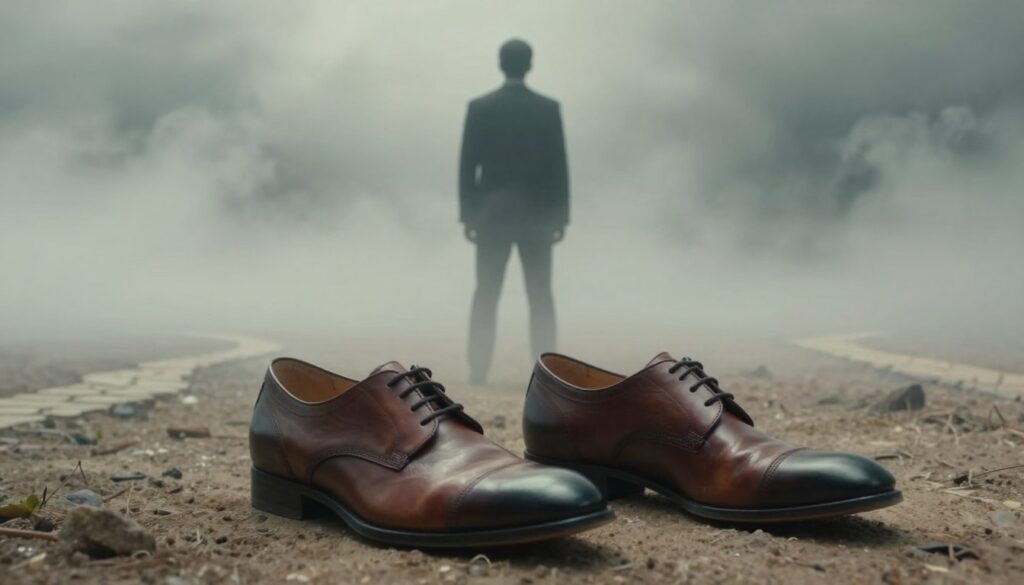 A visually striking interpretation of a dreamscape featuring a pair of carefully detailed, new shoes situated in the foreground. The shoes are made of polished leather, exuding an aura of sophistication and potential. In the middle ground, a shadowy figure stands with a cautious posture, symbolizing hesitation and introspection, dressed in professional attire. The background introduces a surreal landscape with swirling fog and faint outlines of distorted paths, evoking a sense of uncertainty and forewarning. Soft, diffused lighting casts gentle shadows, enhancing the mood of contemplation and the contrast between ambition and caution. The atmosphere is tinged with a blend of anticipation and apprehension, emphasizing the duality of new beginnings and the warnings they may bring.