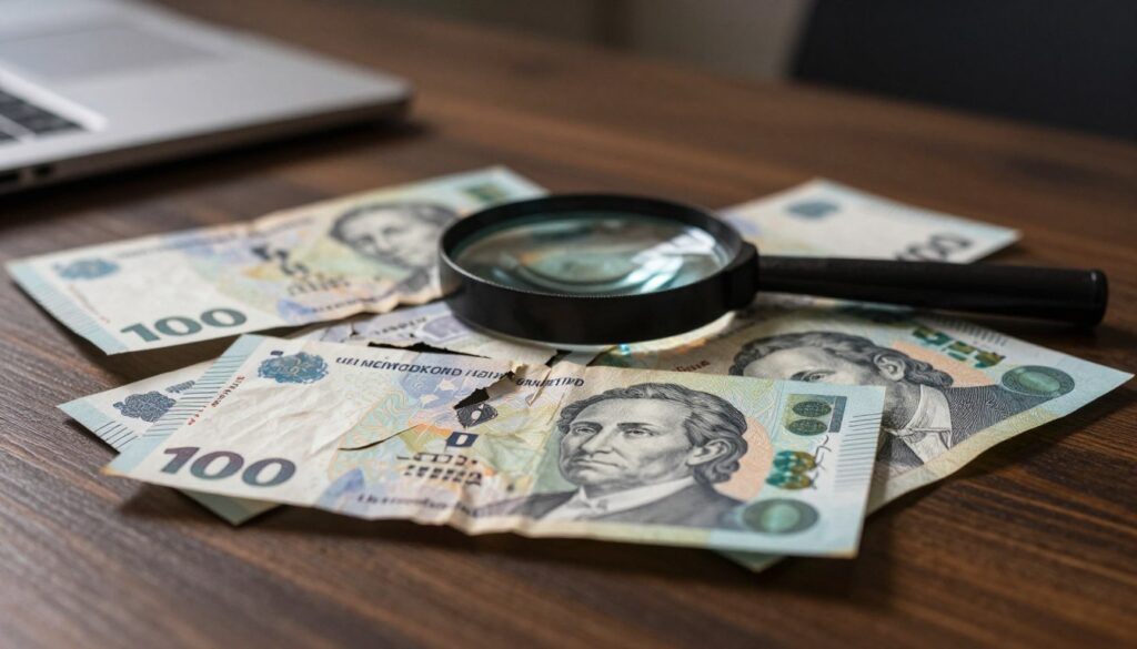 A visually striking scene focusing on fake currency bills arranged on a dark wooden table, illuminated by soft, warm light that creates dramatic shadows. In the foreground, several crumpled and torn fake 100 zł banknotes lie scattered, showcasing intricate details of the counterfeit design, such as blurred edges and faint watermarks. In the middle, a sharp focus on a magnifying glass examining one of the banknotes, emphasizing the importance of scrutiny to avoid deception. In the background, a blurred out office setting with a slightly dim atmosphere, suggesting a sense of caution and seriousness. The overall mood reflects a warning against fraud, encouraging viewers to be vigilant yet calm.