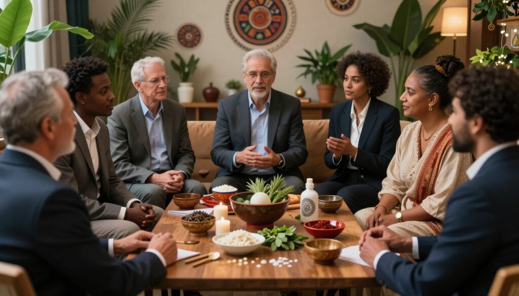 A vivid depiction exploring the significance of diarrhea in various cultures, featuring a central multi-cultural gathering. In the foreground, a diverse group of people in professional business attire or modest casual clothing engage in deep discussion, representing different cultures with unique artifacts symbolizing purification and control. In the middle, a table adorned with traditional items such as ritual bowls, herbs, and cleansing symbols, illustrating the importance of health beliefs across societies. The background showcases soft, ambient lighting, with lush greenery and cultural motifs symbolizing connection and healing. The atmosphere is contemplative and respectful, emphasizing the cultural diversity and the shared human experience regarding health. Use a wide-angle lens to capture the interplay between the groups and their symbolic items, creating an inviting, harmonious scene. A vivid depiction exploring the significance of diarrhea in various cultures, featuring a central multi-cultural gathering. In the foreground, a diverse group of people in professional business attire or modest casual clothing engage in deep discussion, representing different cultures with unique artifacts symbolizing purification and control. In the middle, a table adorned with traditional items such as ritual bowls, herbs, and cleansing symbols, illustrating the importance of health beliefs across societies. The background showcases soft, ambient lighting, with lush greenery and cultural motifs symbolizing connection and healing. The atmosphere is contemplative and respectful, emphasizing the cultural diversity and the shared human experience regarding health. Use a wide-angle lens to capture the interplay between the groups and their symbolic items, creating an inviting, harmonious scene.
