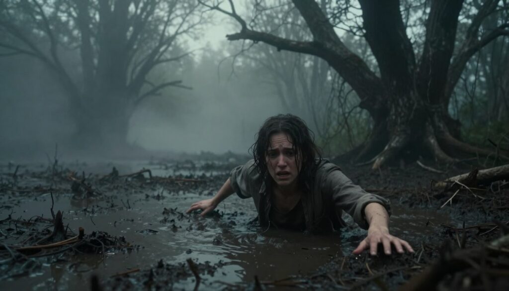 A vivid scene depicting a person struggling in a dark, muddy bog, reflecting feelings of chaos and difficult emotions. In the foreground, the individual, dressed in modest casual clothing, appears to be reaching out, their expression a blend of fear and determination. The middle ground features swirling fog and indistinct shapes suggesting a sense of confusion and entrapment. In the background, gnarled trees loom ominously, their twisted branches matching the turmoil felt by the subject. The lighting is moody and dim, with soft beams breaking through the fog, casting eerie shadows. This composition captures the unsettling atmosphere of being lost in a swamp, invoking interpretations of entrapment, chaos, and emotional struggle.