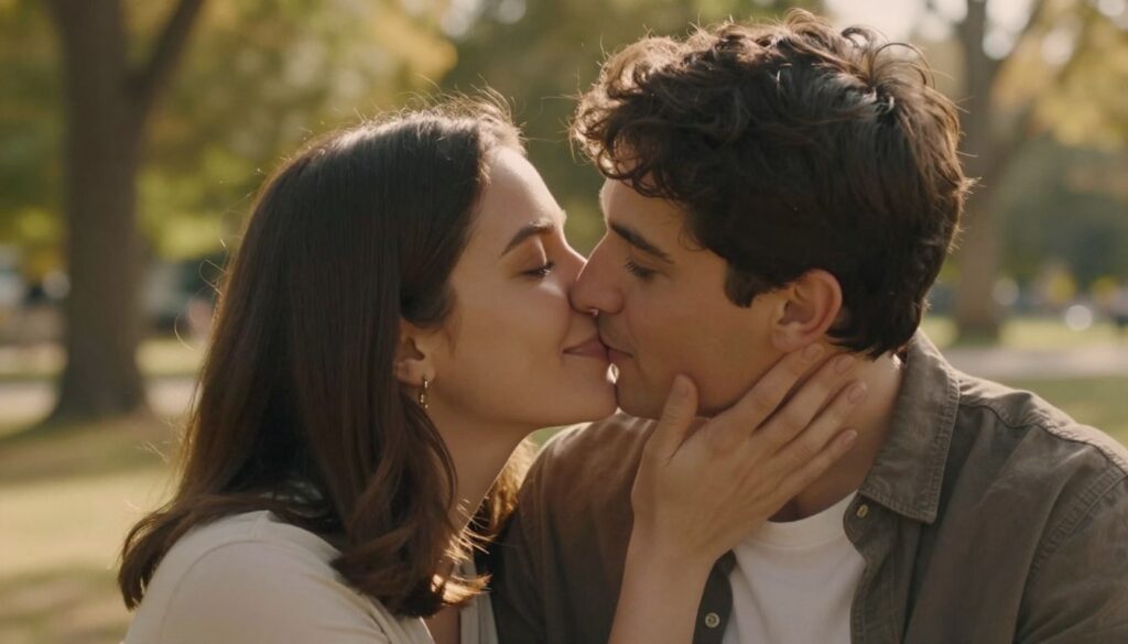 A warm and intimate scene depicting a gentle kiss on the cheek and forehead between two close friends. In the foreground, a woman with soft features and a warm smile leans in to plant a tender kiss on the cheek of a man who looks content and appreciative, both dressed in modest, casual clothing. The middle ground emphasizes their closeness, with their faces softened by a warm, golden light that enhances the feeling of affection. In the background, a softly blurred park scene with trees and gentle sunlight filtering through leaves creates a serene atmosphere. The overall mood is affectionate, captured from a slightly elevated angle to emphasize the connection and warmth shared in this moment. A warm and intimate scene depicting a gentle kiss on the cheek and forehead between two close friends. In the foreground, a woman with soft features and a warm smile leans in to plant a tender kiss on the cheek of a man who looks content and appreciative, both dressed in modest, casual clothing. The middle ground emphasizes their closeness, with their faces softened by a warm, golden light that enhances the feeling of affection. In the background, a softly blurred park scene with trees and gentle sunlight filtering through leaves creates a serene atmosphere. The overall mood is affectionate, captured from a slightly elevated angle to emphasize the connection and warmth shared in this moment.