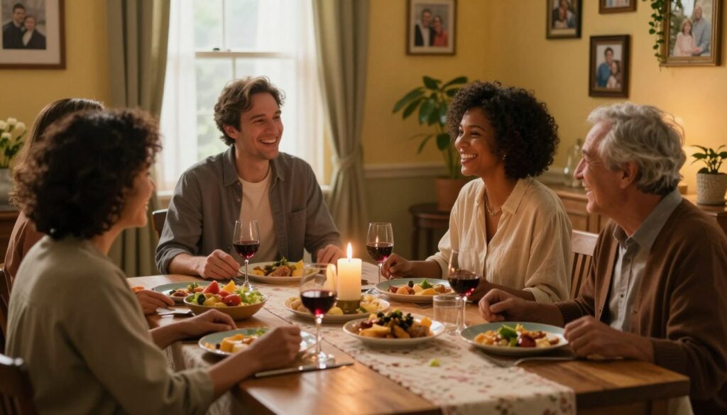 A warm and inviting dining room scene featuring a diverse group of four adults seated around a beautifully set wooden table, enjoying a meal together. In the foreground, a candle flickers softly, casting a glow on the faces of the guests, who are engaged in lively conversation and laughter. In the middle, the table is adorned with an elegant tablecloth, colorful dishes, and glasses filled with wine, creating a cozy atmosphere. In the background, soft light filters through a window, illuminating warm-toned walls decorated with family photos and greenery, enhancing the sense of community and family connection. The overall mood is joyful and relaxed, emphasizing togetherness and the importance of shared moments. The scene is shot from a slightly elevated angle to capture the interactions at the table. A warm and inviting dining room scene featuring a diverse group of four adults seated around a beautifully set wooden table, enjoying a meal together. In the foreground, a candle flickers softly, casting a glow on the faces of the guests, who are engaged in lively conversation and laughter. In the middle, the table is adorned with an elegant tablecloth, colorful dishes, and glasses filled with wine, creating a cozy atmosphere. In the background, soft light filters through a window, illuminating warm-toned walls decorated with family photos and greenery, enhancing the sense of community and family connection. The overall mood is joyful and relaxed, emphasizing togetherness and the importance of shared moments. The scene is shot from a slightly elevated angle to capture the interactions at the table.