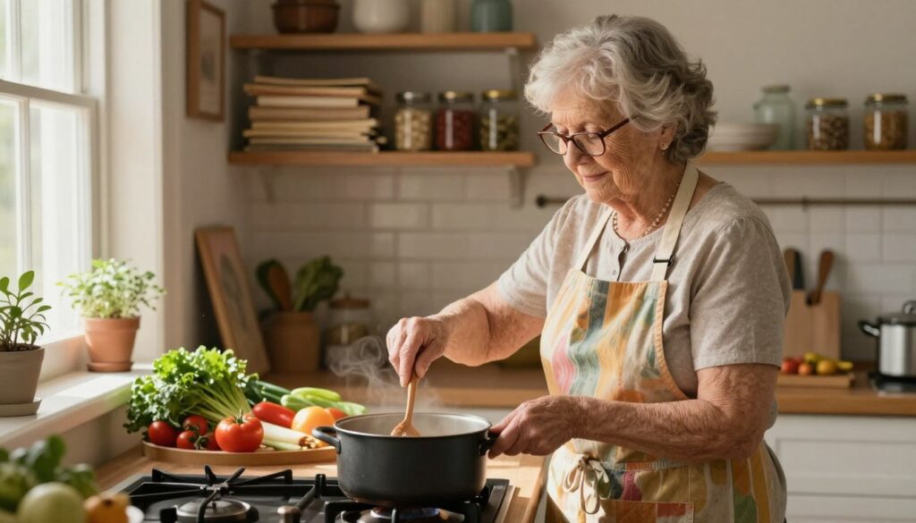 A warm and inviting kitchen setting featuring a kind, elderly grandmother engaged in everyday activities. In the foreground, she is carefully stirring a pot on the stove, with an expression of focus and love. She wears a modest, colorful apron and glasses, highlighting her nurturing nature. In the middle ground, various ingredients are neatly arranged on the countertop, including fresh vegetables and herbs, indicating a home-cooked meal. The background showcases shelves filled with family recipes and jars, adding a sense of history and warmth to the scene. Soft, natural light filters through a nearby window, casting gentle shadows and enhancing the cozy atmosphere. The overall mood is one of comfort, wisdom, and the joy of family traditions.