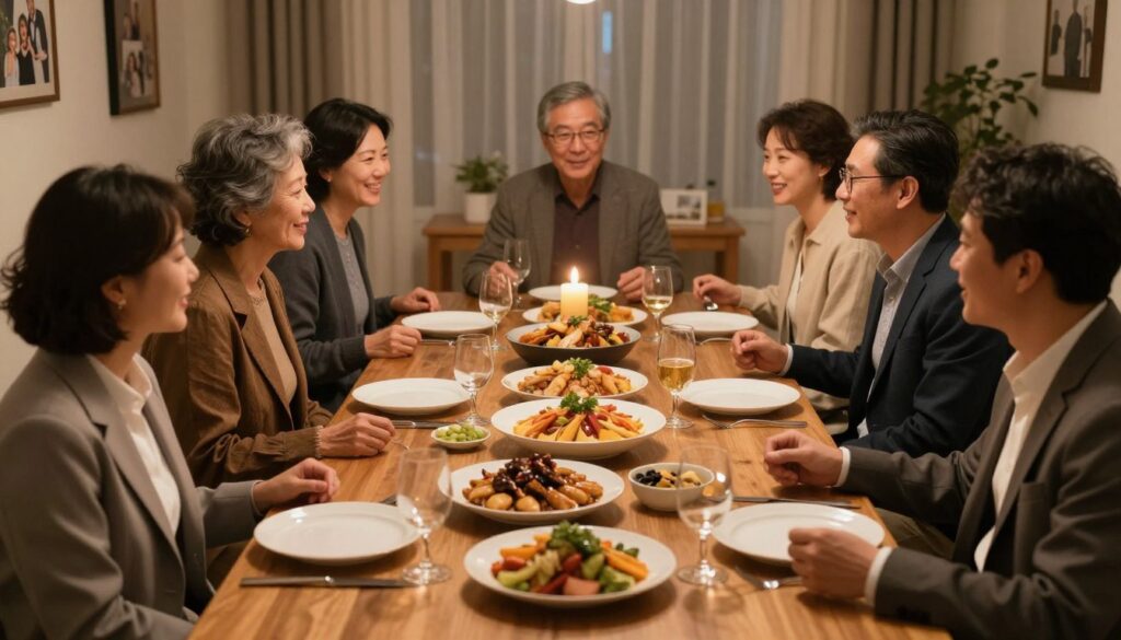 A warm and inviting scene of a dinner gathering around a wooden table, elegantly set with candles and fine china. In the foreground, a diverse group of individuals, dressed in professional attire, engage in lively conversation, their faces illuminated by soft, warm lighting. In the middle, delicious traditional dishes are artfully arranged, showcasing a variety of textures and colors. In the background, a cozy room adorned with family photos and soft drapery, creating an intimate and familial atmosphere. The image is captured from a slightly elevated angle, giving a panoramic view of the gathering. The mood is cheerful and communal, evoking feelings of connection, warmth, and shared experiences. A warm and inviting scene of a dinner gathering around a wooden table, elegantly set with candles and fine china. In the foreground, a diverse group of individuals, dressed in professional attire, engage in lively conversation, their faces illuminated by soft, warm lighting. In the middle, delicious traditional dishes are artfully arranged, showcasing a variety of textures and colors. In the background, a cozy room adorned with family photos and soft drapery, creating an intimate and familial atmosphere. The image is captured from a slightly elevated angle, giving a panoramic view of the gathering. The mood is cheerful and communal, evoking feelings of connection, warmth, and shared experiences.