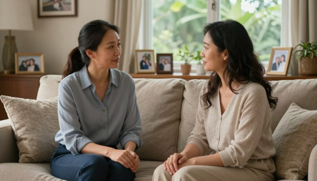 A warm, intimate scene of a mother and her adult daughter engaged in a heartfelt conversation. In the foreground, the two women are seated on a comfortable couch, both in modest and professional casual attire, with the mother in her 50s and the daughter in her 20s, showcasing generational connection. The middle ground features a softly lit room, adorned with family photos and personal mementos, creating a cozy atmosphere. In the background, a window reveals lush greenery outside, enhancing the sense of tranquility. The lighting is natural and softly diffused, casting gentle shadows that evoke warmth and closeness. The mood is reflective and nurturing, emphasizing the importance of communication in family relationships, capturing the essence of their bond. A warm, intimate scene of a mother and her adult daughter engaged in a heartfelt conversation. In the foreground, the two women are seated on a comfortable couch, both in modest and professional casual attire, with the mother in her 50s and the daughter in her 20s, showcasing generational connection. The middle ground features a softly lit room, adorned with family photos and personal mementos, creating a cozy atmosphere. In the background, a window reveals lush greenery outside, enhancing the sense of tranquility. The lighting is natural and softly diffused, casting gentle shadows that evoke warmth and closeness. The mood is reflective and nurturing, emphasizing the importance of communication in family relationships, capturing the essence of their bond.