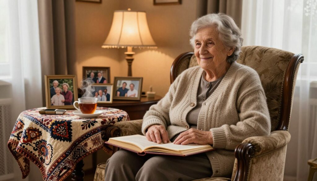 A warm, inviting scene featuring a wise and nurturing older woman, depicted as a ciocia, sitting cozily in a vintage armchair. She is wearing modest casual clothing, with a warm, knitted cardigan and a soft smile on her face, exuding a comforting presence. The foreground showcases an intricately patterned quilt draping over the armchair, while a small round table nearby holds a cup of steaming tea and an open family photo album. In the middle ground, a softly glowing lamp casts a gentle light, illuminating photos of family gatherings in the background, creating a nostalgic atmosphere. The room is filled with rich, earthy tones, creating a serene mood, with light filtering through sheer curtains to give a sense of warmth and safety. The image reflects the themes of family bonds and cherished memories.