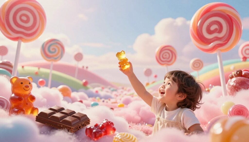 A whimsical dreamscape filled with colorful, oversized candy like lollipops, gummy bears, and chocolate bars representing the significance of rewards in dreams. In the foreground, a cheerful child with a joyful expression reaches out to grab a shimmering golden candy, symbolizing happiness and achievement. The middle ground features a soft, dreamy landscape of fluffy clouds and pastel colors, gently blending into a bright sky, conveying a sense of wonder and delight. The background showcases a magical candy land with rolling hills of sweet treats under a warm, soft light that enhances the enchanting atmosphere. The scene should evoke feelings of nostalgia, joy, and the sweetness of dreaming, with a cinematic angle to create depth and enchantment. A whimsical dreamscape filled with colorful, oversized candy like lollipops, gummy bears, and chocolate bars representing the significance of rewards in dreams. In the foreground, a cheerful child with a joyful expression reaches out to grab a shimmering golden candy, symbolizing happiness and achievement. The middle ground features a soft, dreamy landscape of fluffy clouds and pastel colors, gently blending into a bright sky, conveying a sense of wonder and delight. The background showcases a magical candy land with rolling hills of sweet treats under a warm, soft light that enhances the enchanting atmosphere. The scene should evoke feelings of nostalgia, joy, and the sweetness of dreaming, with a cinematic angle to create depth and enchantment.