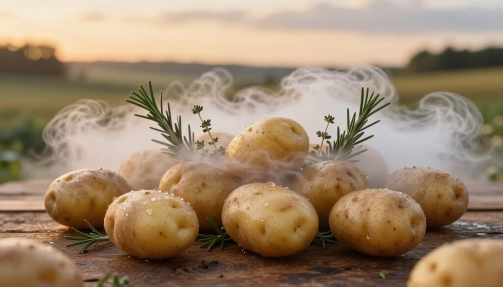 A whimsical scene depicting whimsical culinary potatoes in a dreamlike state. In the foreground, large, golden-brown potatoes are artistically arranged on a rustic wooden table, glistening with a hint of dew as if just harvested. In the middle ground, soft, ethereal clouds swirl around the potatoes, subtly revealing hints of culinary herbs like rosemary and thyme intertwined within the dream. The background features a blurred, pastoral landscape with rolling hills and a twilight sky, casting a warm, golden hue that enhances the magical atmosphere. The lighting is soft, with a gentle glow illuminating the composition, creating a serene and inviting mood that embodies the simplicity and practical benefits of potatoes in a culinary context. A whimsical scene depicting whimsical culinary potatoes in a dreamlike state. In the foreground, large, golden-brown potatoes are artistically arranged on a rustic wooden table, glistening with a hint of dew as if just harvested. In the middle ground, soft, ethereal clouds swirl around the potatoes, subtly revealing hints of culinary herbs like rosemary and thyme intertwined within the dream. The background features a blurred, pastoral landscape with rolling hills and a twilight sky, casting a warm, golden hue that enhances the magical atmosphere. The lighting is soft, with a gentle glow illuminating the composition, creating a serene and inviting mood that embodies the simplicity and practical benefits of potatoes in a culinary context.