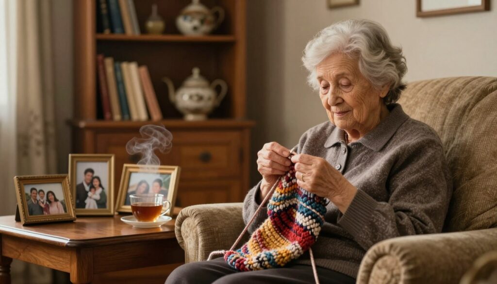 A wise elderly woman, embodying the essence of an affectionate aunt, sits in a cozy, warmly lit living room. Her expressive face tells a story of family connections, emotions, and whispered secrets. In the foreground, she is seated in an inviting armchair, knitting a colorful scarf, symbolizing care and tradition. The middle ground features a small wooden coffee table adorned with family photographs and a steaming cup of tea, enhancing the intimate atmosphere. In the background, a softly lit bookshelf filled with nostalgic books and trinkets adds depth. The scene is illuminated by gentle, diffused lighting, creating a warm, nostalgic mood, ideal for reflecting on relationships and hidden feelings. Shot at a slight angle to suggest warmth and closeness, without any text or distractions.