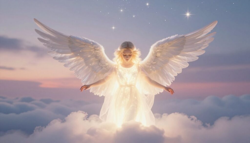 An angel in a dream, ethereal and serene, glows with soft, radiant light. In the foreground, the angel, with delicate features and translucent wings, stands on a fluffy cloud, arms gently outstretched in a gesture of protection. The middle layer captures a dreamy landscape, with hints of pastel-colored skies merging into twilight hues, symbolizing the subconscious. In the background, stars twinkle softly, shining through a misty veil, enhancing the celestial feel. The lighting is warm and inviting, creating a tranquil atmosphere. A slightly blurred depth of field focuses on the angel, emphasizing its presence while the surroundings evoke a sense of peace and reflection. The overall mood is supportive and nurturing, inviting viewers to explore the spiritual significance of dreams.