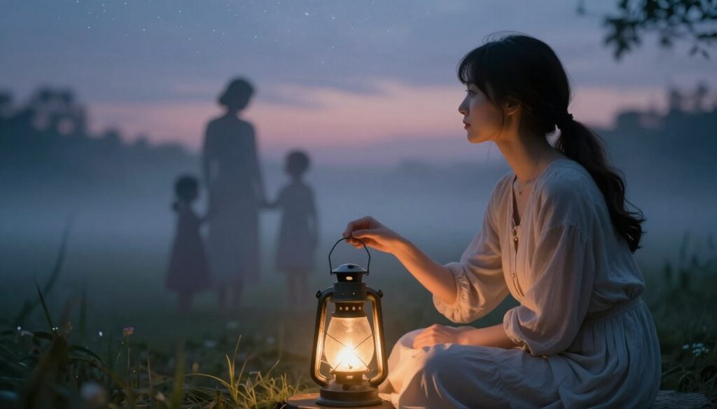 An ethereal depiction of a serene woman in modest, elegant attire, sitting by a softly glowing lantern that casts a warm, inviting light. The foreground showcases her introspective expression as she gazes toward a shimmering, dreamlike landscape of blurred, vibrant memories of loved ones. In the middle ground, silhouettes of family figures subtly emerge from a misty background, embodying the essence of cherished memories. Delicate, soft-focus effects echo the surreal quality of dreams, while a twilight sky filled with stars stretches above, adding to the atmosphere of mystery and nostalgia. The scene is illuminated with gentle, diffused lighting, evoking a sense of tranquility and reflection, suitable for conveying the theme of interpreting dreams about deceased relatives.