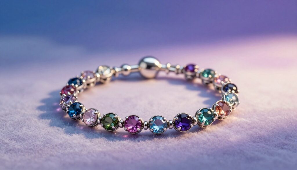 An intricate, elegant bracelet made of polished silver and adorned with colorful gemstones, representing different meanings associated with sleep and relationships. The bracelet lies elegantly on a soft, velvety surface in the foreground, catching gentle light that highlights its details. In the middle, soft, blurred pastel colors depict the dream-like quality of sleep, with subtle hints of a night sky. The background is a tranquil gradient of deep blue and soft purple, enhancing a serene and contemplative atmosphere. The image is softly lit with a warm glow, evoking feelings of comfort and reflection, shot from a slightly elevated angle to showcase the bracelet's intricate design and the interplay of colors, symbolizing connections and promises.