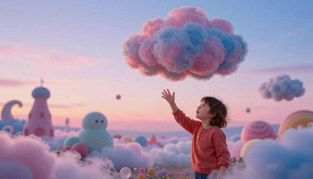 In a dreamy, surreal landscape, a young child with an expression of wonder and excitement is surrounded by gently floating, colorful candy-like clouds representing the essence of "świadome śnienie" or lucid dreaming. The foreground features the child, who is wearing modest yet vibrant clothing, reaching out towards the clouds. In the middle ground, whimsical shapes and forms swirl in pastel colors, reflecting the playful nature of dreams. The background showcases a soft gradient sky, transitioning from gentle pinks to deep blues, illuminated by a warm, ethereal glow suggesting twilight. The atmosphere is magical and uplifting, inviting viewers to explore the realm of dreams and imagination with a sense of curiosity and joy. Capture the scene with a soft focus to enhance the dreamlike quality and convey a sense of calm and wonder. In a dreamy, surreal landscape, a young child with an expression of wonder and excitement is surrounded by gently floating, colorful candy-like clouds representing the essence of "świadome śnienie" or lucid dreaming. The foreground features the child, who is wearing modest yet vibrant clothing, reaching out towards the clouds. In the middle ground, whimsical shapes and forms swirl in pastel colors, reflecting the playful nature of dreams. The background showcases a soft gradient sky, transitioning from gentle pinks to deep blues, illuminated by a warm, ethereal glow suggesting twilight. The atmosphere is magical and uplifting, inviting viewers to explore the realm of dreams and imagination with a sense of curiosity and joy. Capture the scene with a soft focus to enhance the dreamlike quality and convey a sense of calm and wonder.